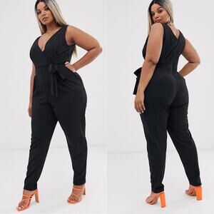 ASOS Outrageous Fortune Tie Waist Jumpsuit V-Neck Faux Wrap Black Sz 22 Cocktail